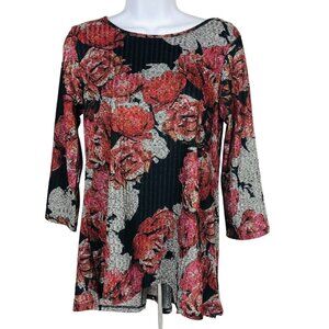 Cable n Gauge Top Women Size S Red Black Gray Floral Gathered in Back New w Tags